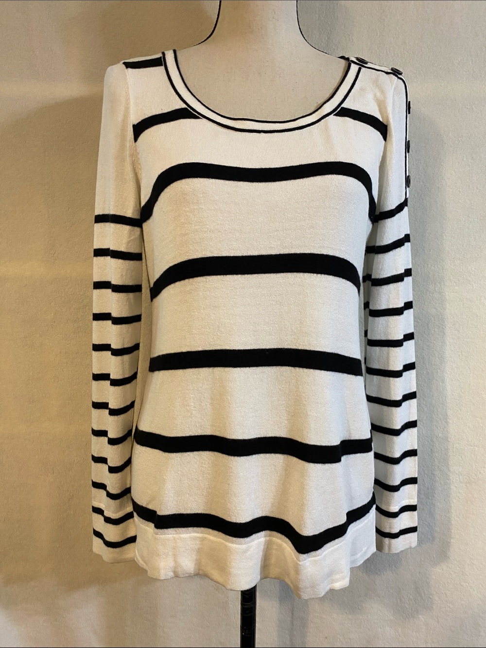 Loft cotton blend black & white striped button shoulder knit sweater